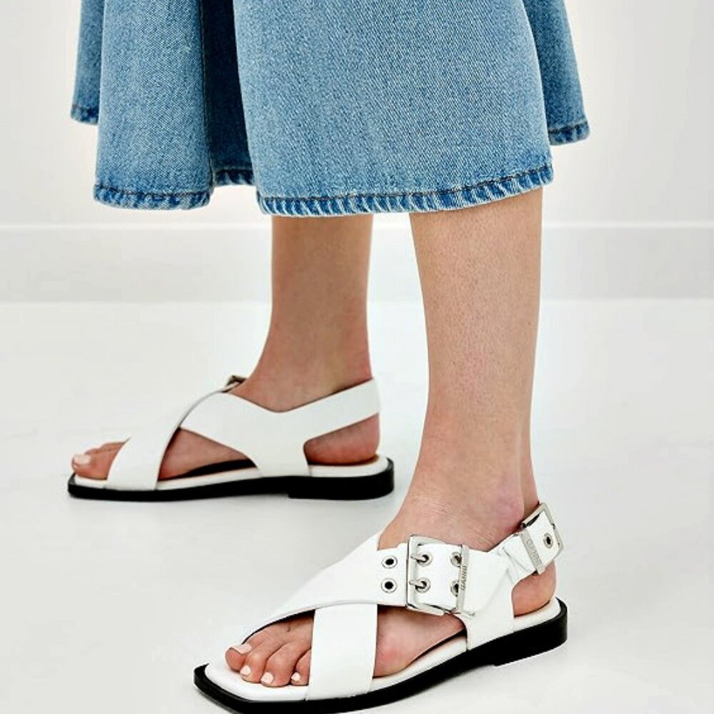 NEW! GANNI CROSS STRAP BUCKLE SANDALS EGRET WHITE - Picture 2 of 8